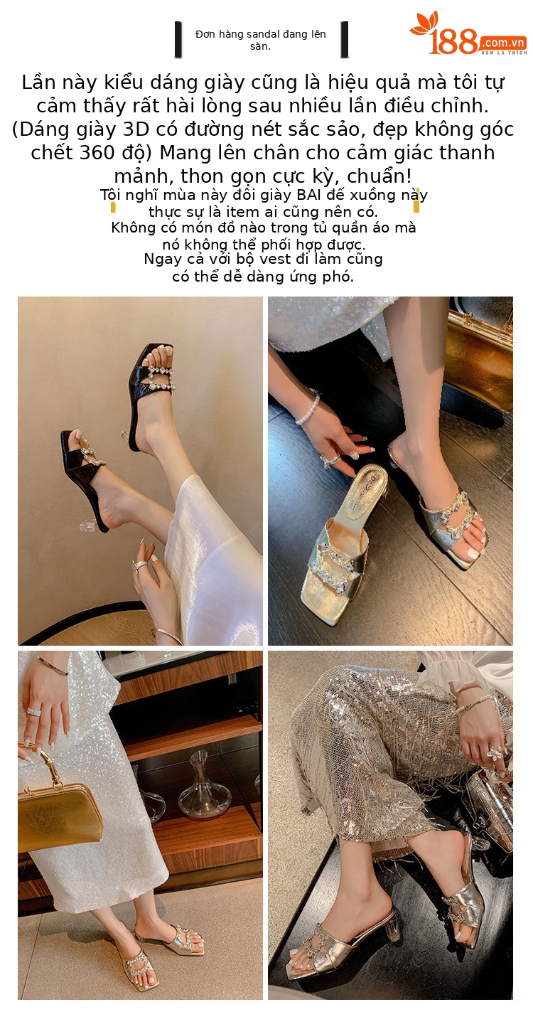Sandal cao gót nữ hở mũi vuông đính kim cương giả quai ngang — đen, vàng, bạc chi tiết 3