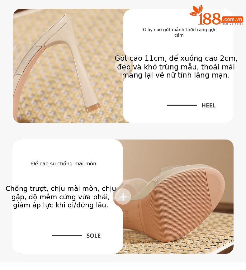 Dép cao gót hở ngón trong suốt phong cách Hàn Quốc — Hình khỏa thân-13cm chi tiết 2