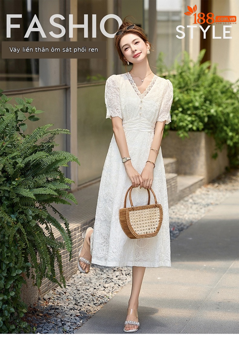 Váy liền ren cổ chữ V chít eo dáng dài phong cách cổ điển ME5627 — Màu như hình chi tiết 1