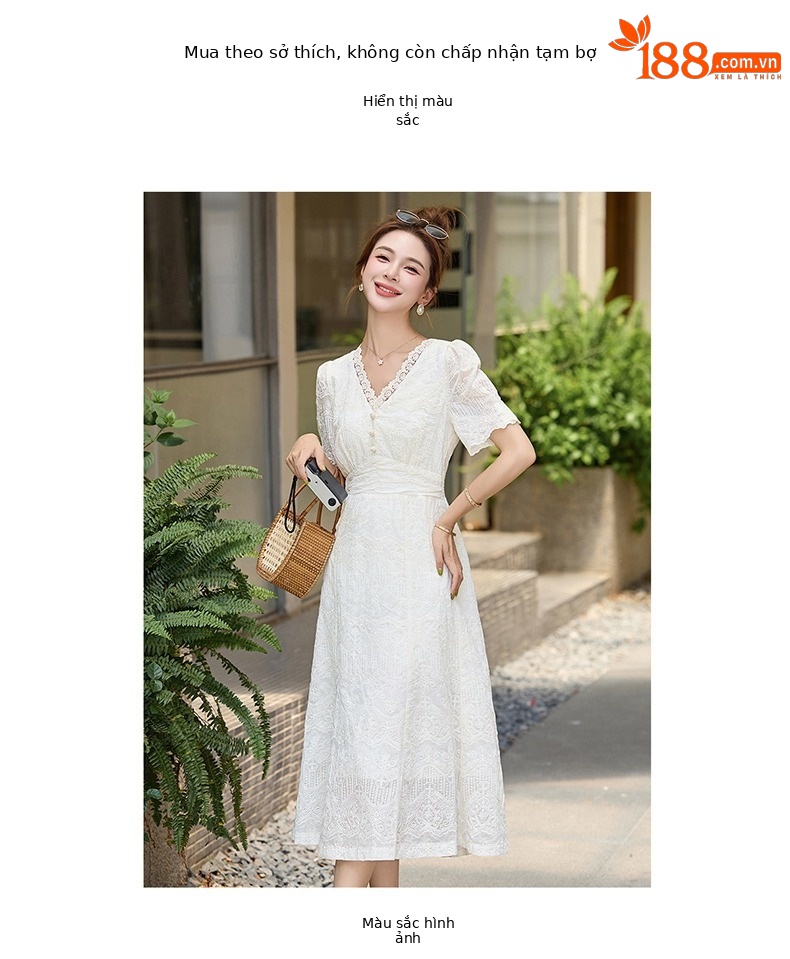 Váy liền ren cổ chữ V chít eo dáng dài phong cách cổ điển ME5627 — Màu như hình chi tiết 4