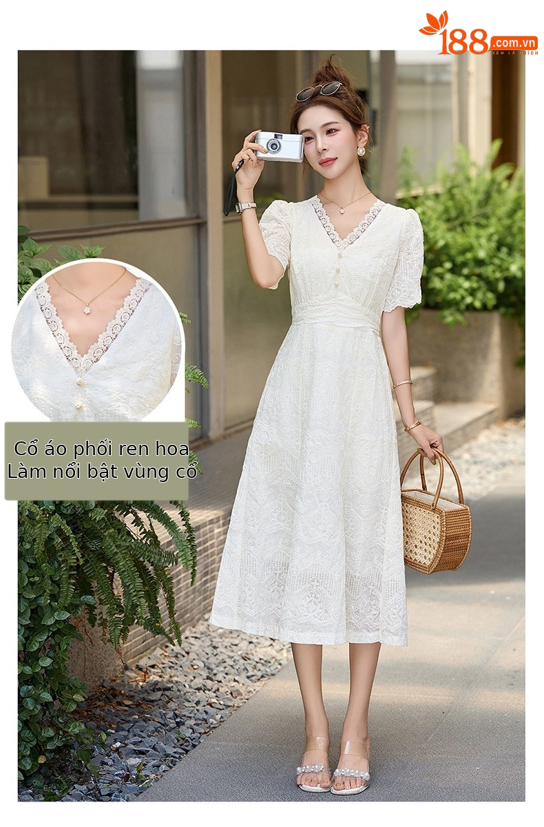 Váy liền ren cổ chữ V chít eo dáng dài phong cách cổ điển ME5627 — Màu như hình chi tiết 5