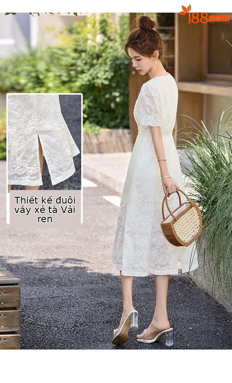 Váy liền ren cổ chữ V chít eo dáng dài phong cách cổ điển ME5627 — Màu như hình chi tiết 6