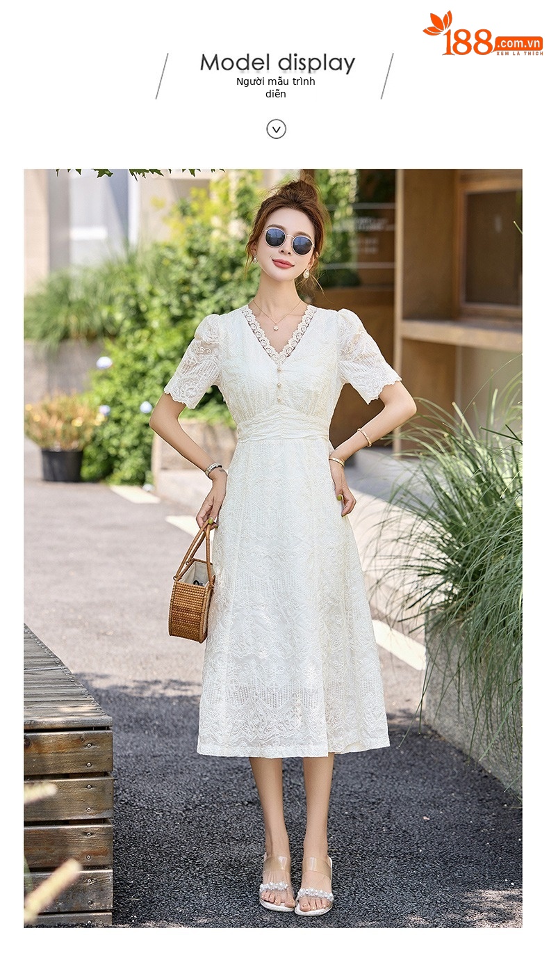 Váy liền ren cổ chữ V chít eo dáng dài phong cách cổ điển ME5627 — Màu như hình chi tiết 9