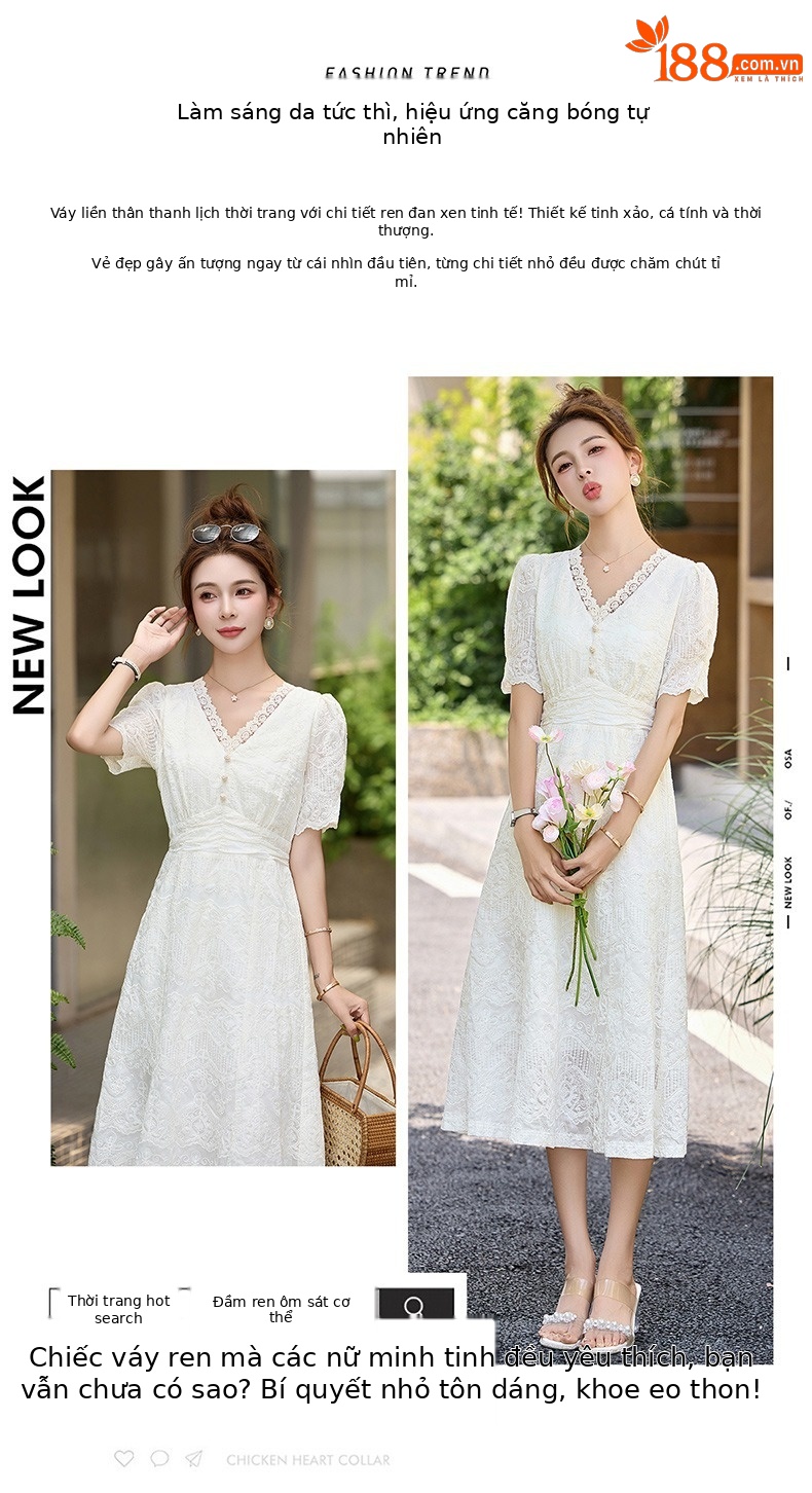 Váy liền ren cổ chữ V chít eo dáng dài phong cách cổ điển ME5627 — Màu như hình chi tiết 2