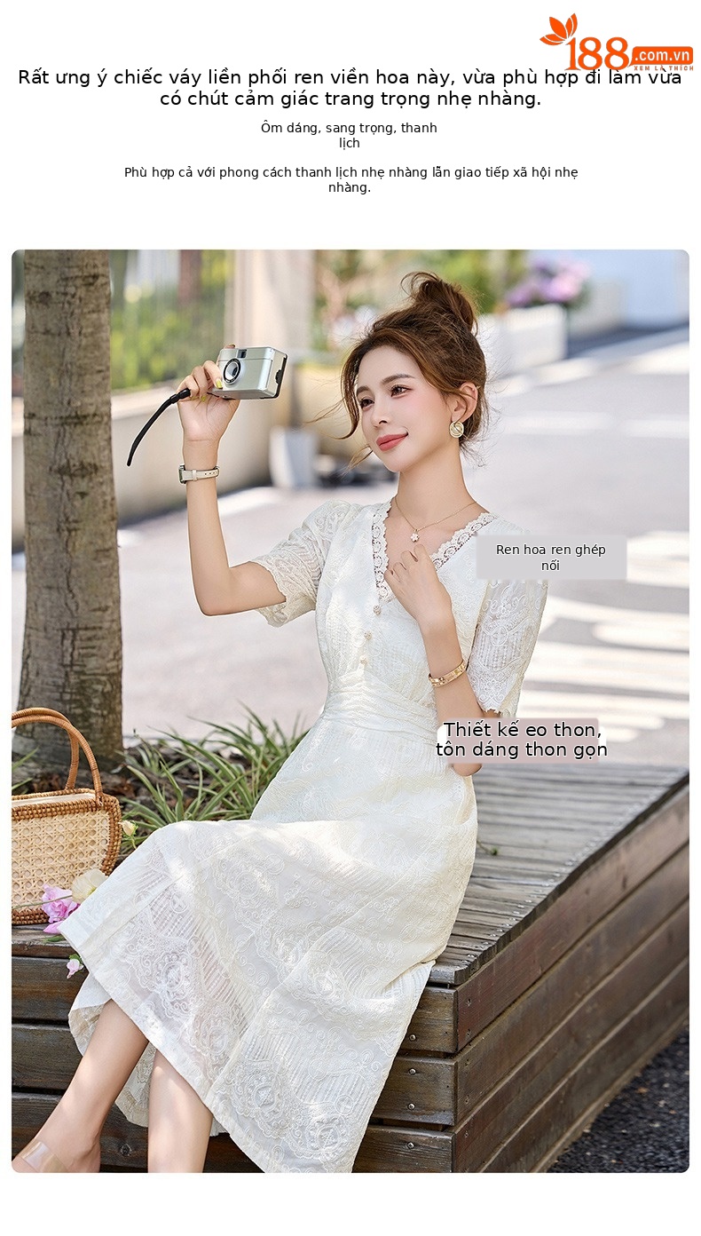 Váy liền ren cổ chữ V chít eo dáng dài phong cách cổ điển ME5627 — Màu như hình chi tiết 3