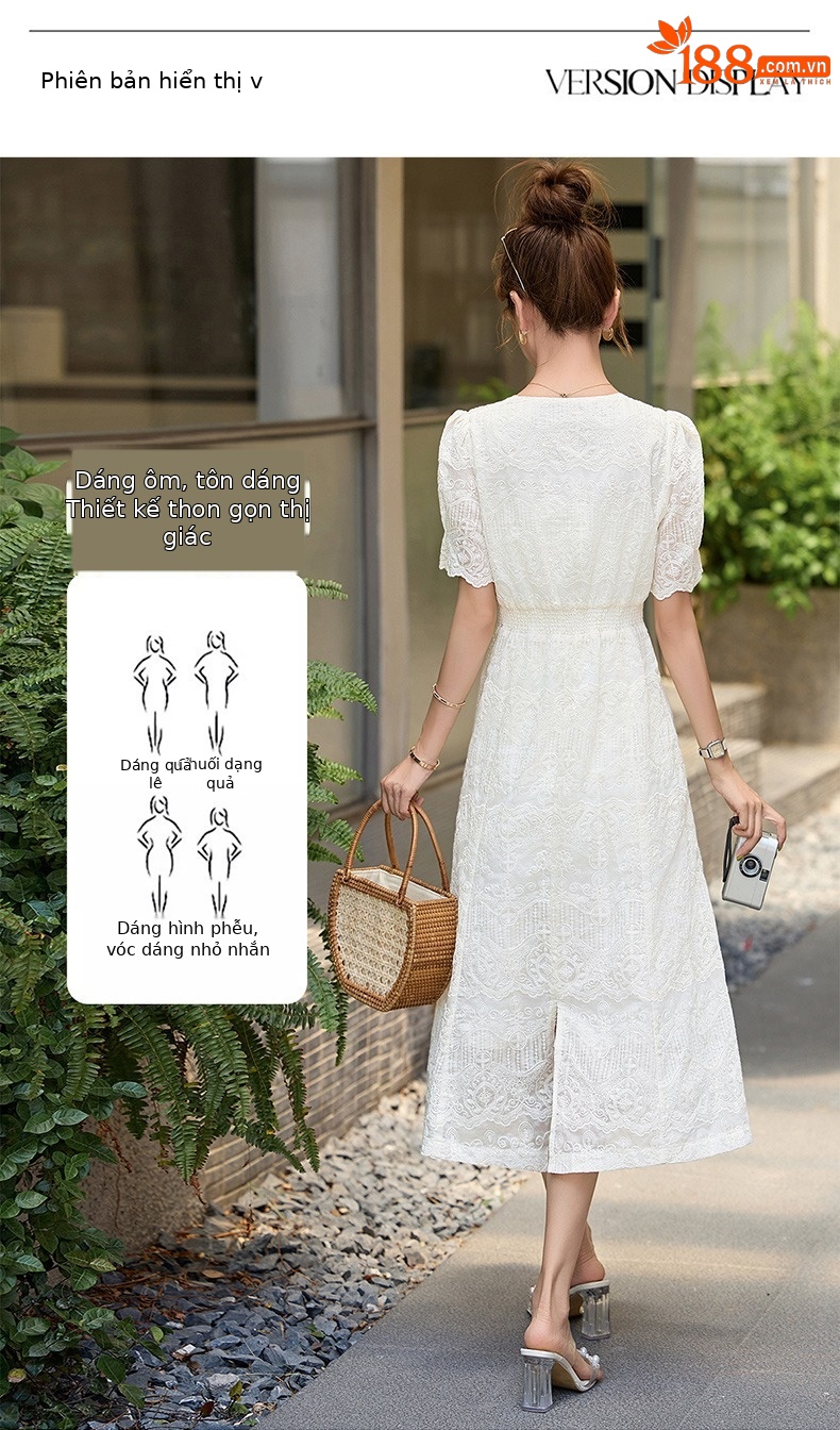 Váy liền ren cổ chữ V chít eo dáng dài phong cách cổ điển ME5627 — Màu như hình chi tiết 7