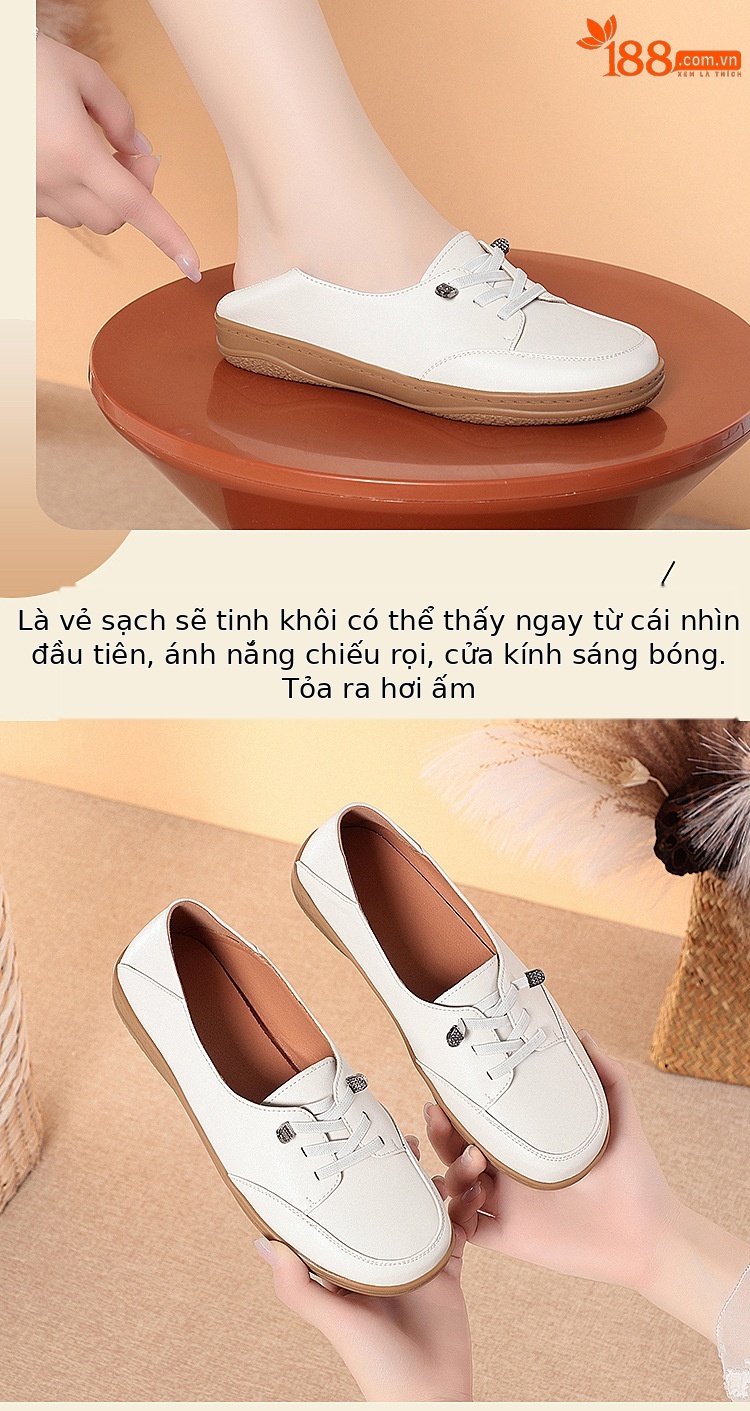 Giày lười nữ da thật mũi vuông đế mềm thoáng khí — màu be chi tiết 14