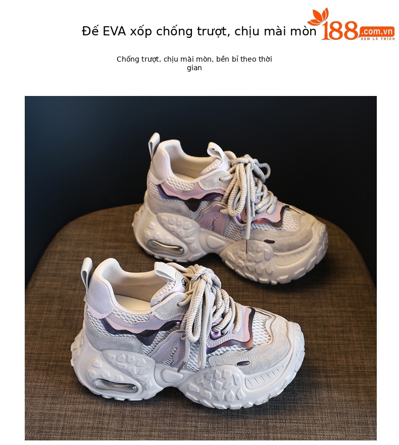 Giày sneaker nữ đế dày tăng chiều cao, lưới thoáng khí, phong cách thể thao — Màu tím chi tiết 10