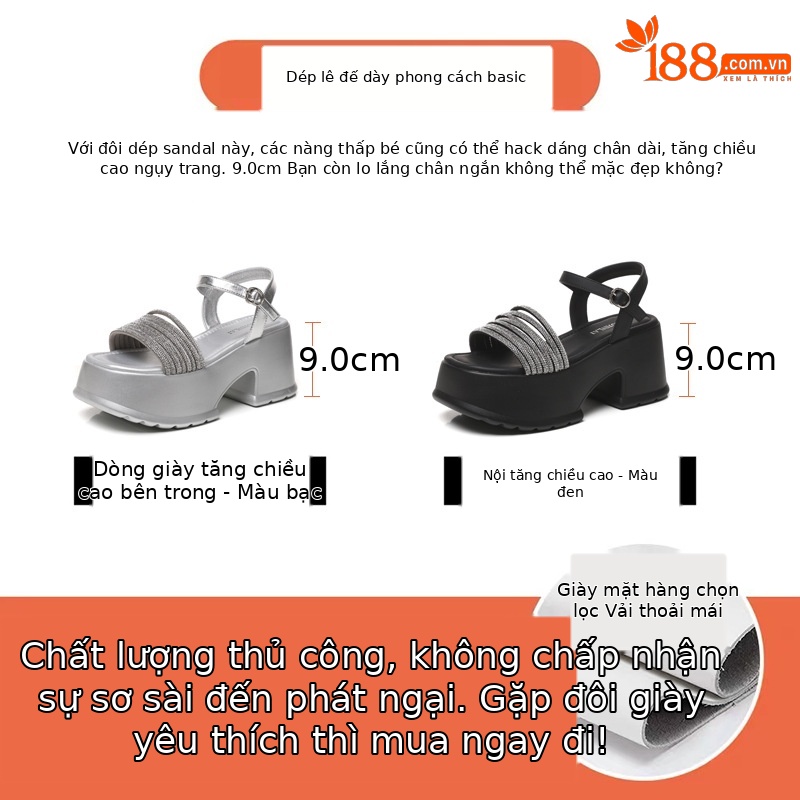 Sandal cao gót nữ đính đá quai ngang khóa một chữ, đế dày tăng chiều cao, mùa hè 2025 — Màu đen, Màu bạc