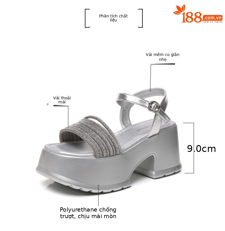 Sandal cao gót nữ đính đá quai ngang khóa một chữ, đế dày tăng chiều cao, mùa hè 2025 — Màu đen, Màu bạc chi tiết 3