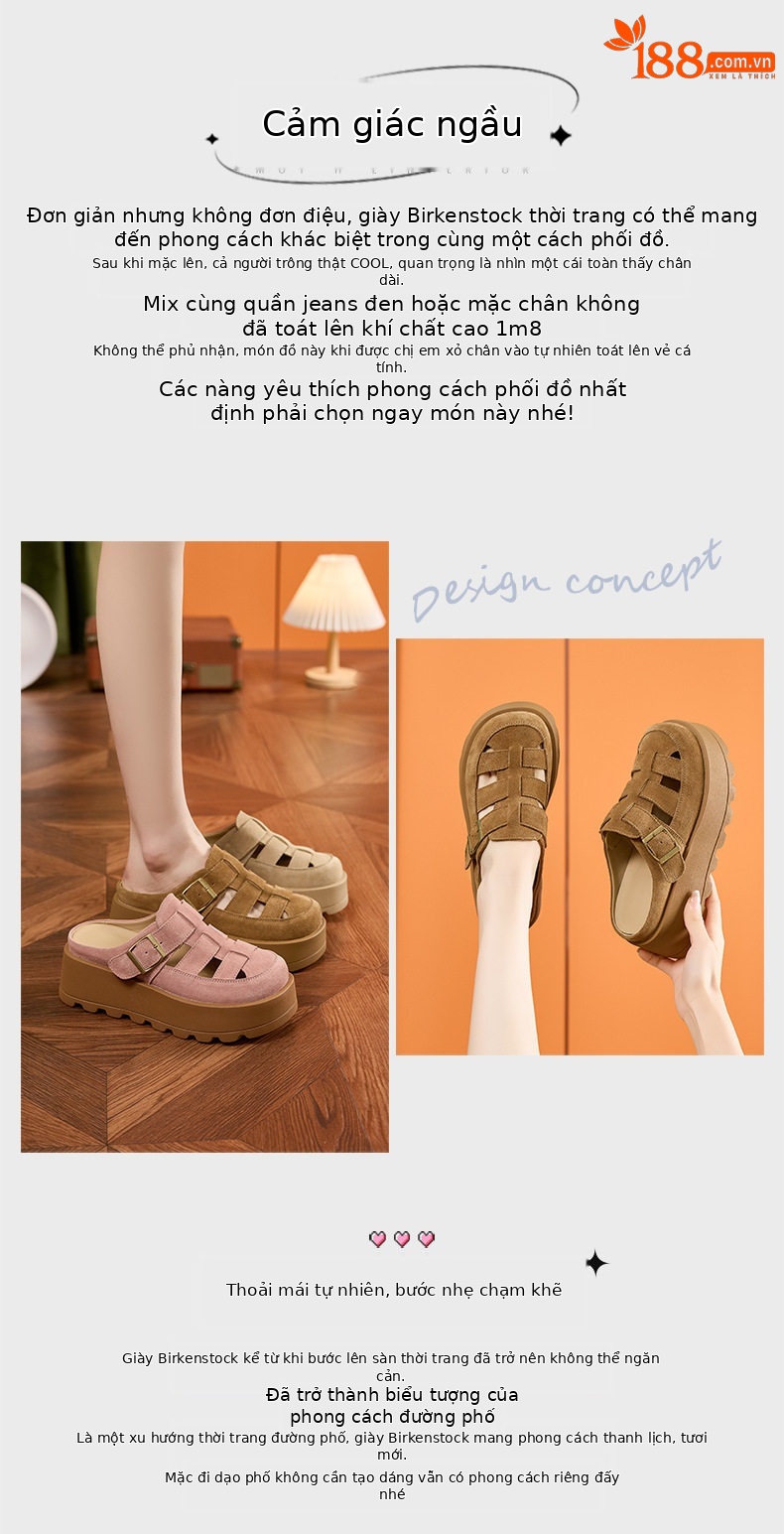 Dép sandal nữ da thật đế dày phong cách Roman Birkenstock — Hồng, Lạc đà, Mơ chi tiết 4