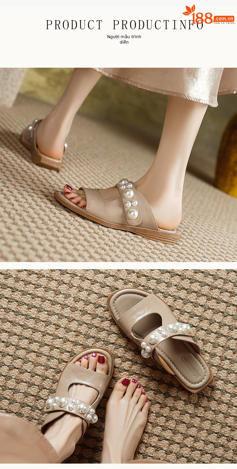 Dép sandal nữ quai chữ V đế bệt da mềm đính ngọc trai phong cách tiểu thư — Màu trắng nhạt, mơ chi tiết 2