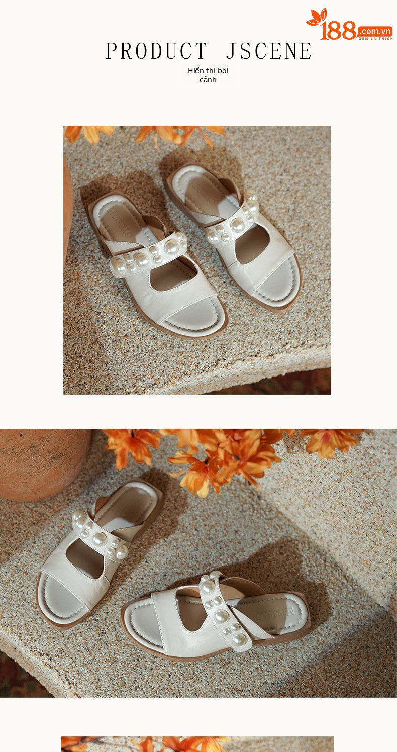 Dép sandal nữ quai chữ V đế bệt da mềm đính ngọc trai phong cách tiểu thư — Màu trắng nhạt, mơ chi tiết 5