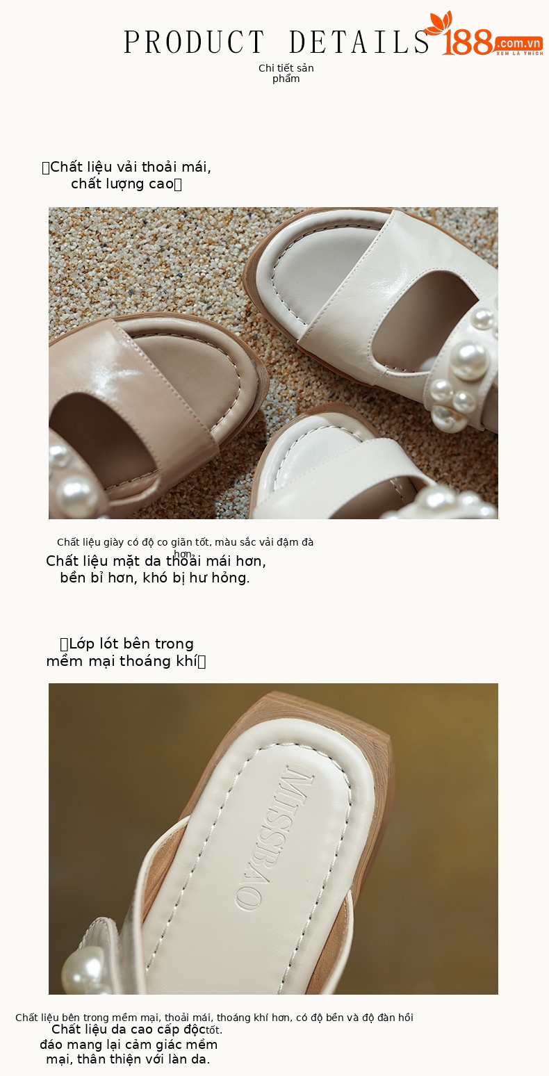 Dép sandal nữ quai chữ V đế bệt da mềm đính ngọc trai phong cách tiểu thư — Màu trắng nhạt, mơ chi tiết 7