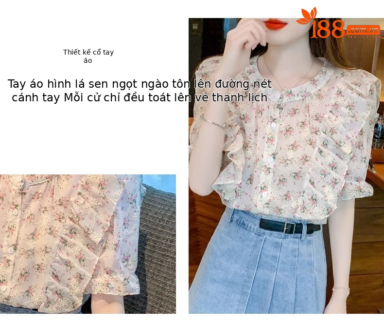 Áo sơ mi voan hoa lá sen tay ngắn nữ tính họa tiết hoa nhí — Màu hoa chi tiết 5