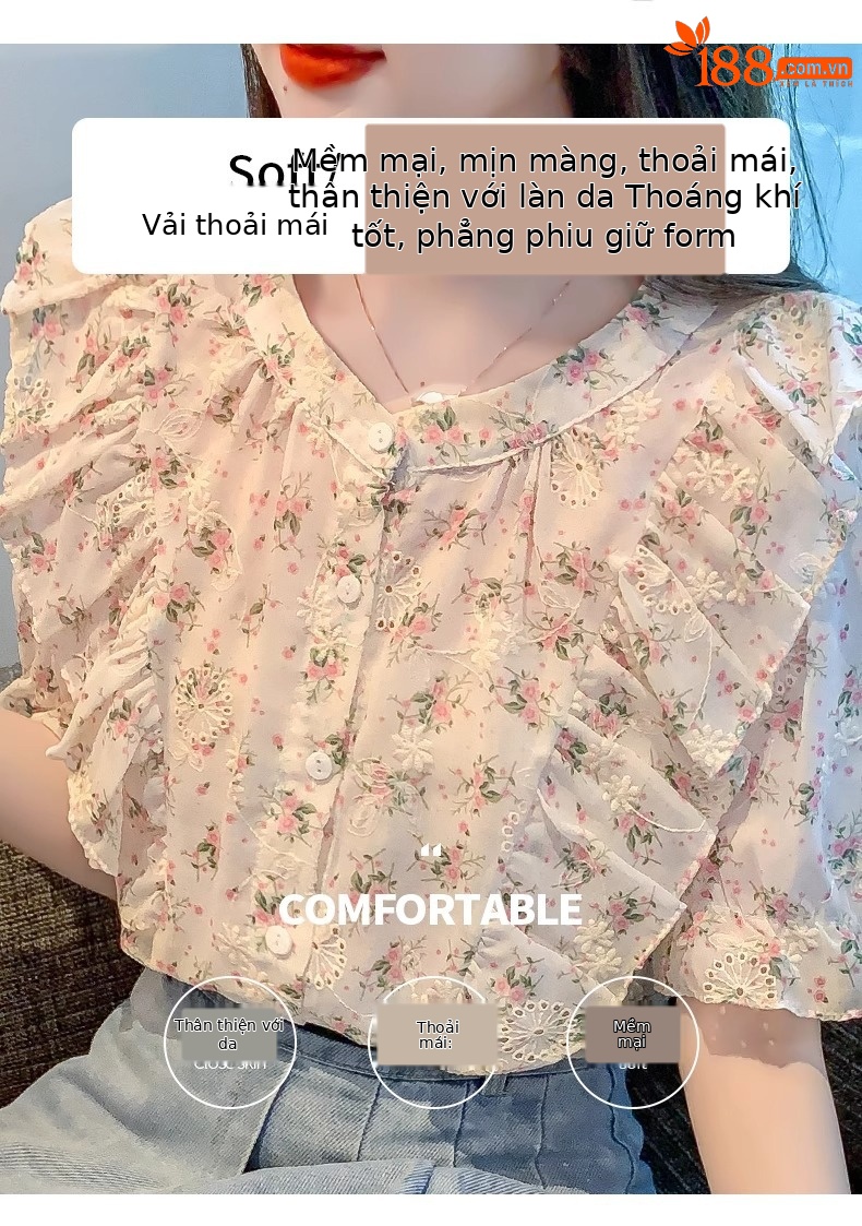 Áo sơ mi voan hoa lá sen tay ngắn nữ tính họa tiết hoa nhí — Màu hoa chi tiết 3