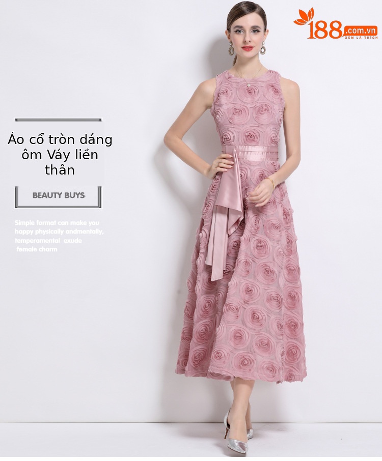 Váy maxi nữ cổ tròn không tay thắt lưng hoa nổi 3D — Màu hồng chi tiết 1