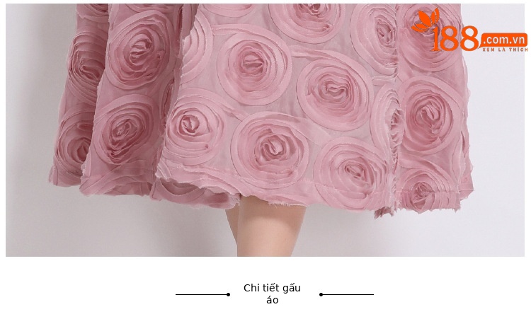 Váy maxi nữ cổ tròn không tay thắt lưng hoa nổi 3D — Màu hồng chi tiết 11