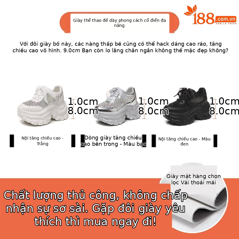 Giày sneaker chunky nữ đế dày lưới thoáng khí tăng chiều cao đính đá — Màu đen