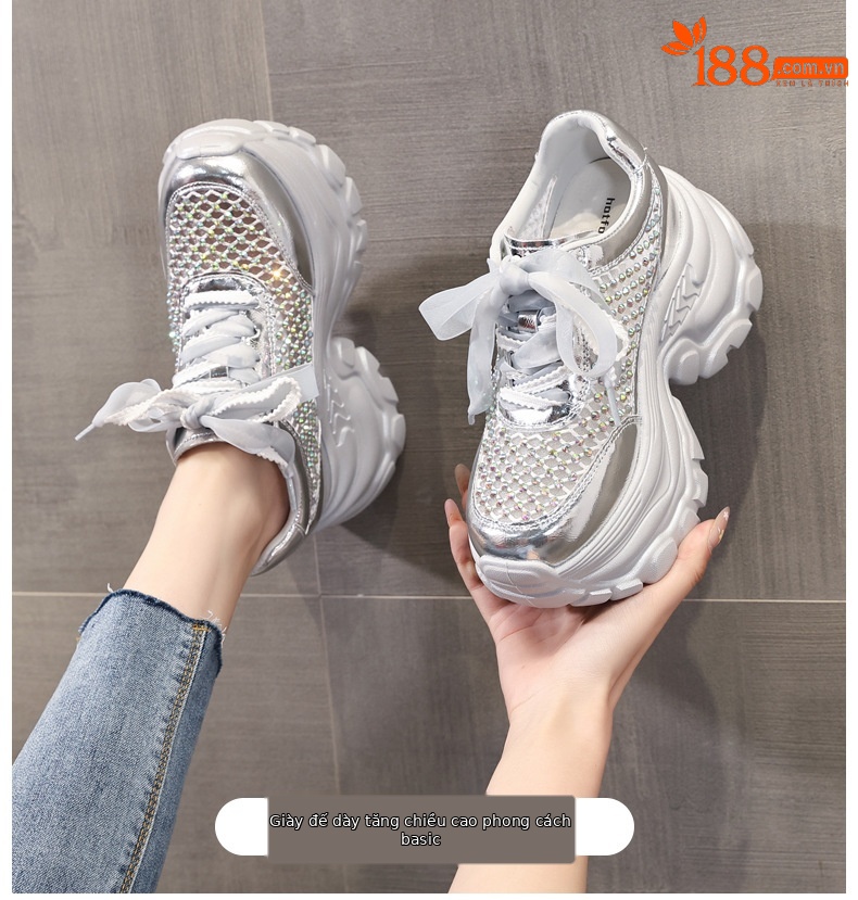Giày sneaker chunky nữ đế dày lưới thoáng khí tăng chiều cao đính đá — Màu đen chi tiết 1