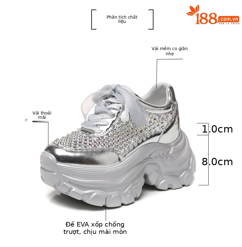 Giày sneaker chunky nữ đế dày lưới thoáng khí tăng chiều cao đính đá — Màu đen chi tiết 2