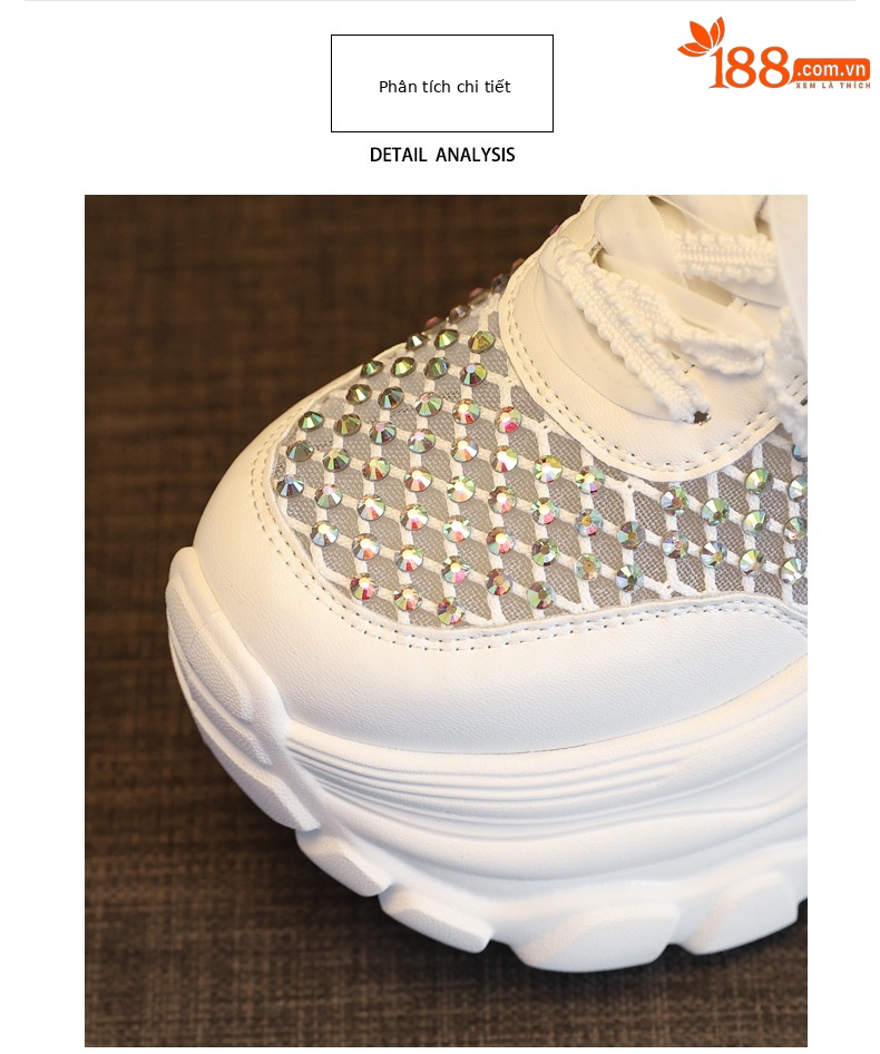 Giày sneaker chunky nữ đế dày lưới thoáng khí tăng chiều cao đính đá — Màu đen chi tiết 6