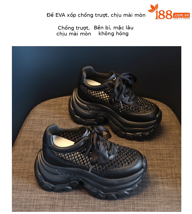 Giày sneaker chunky nữ đế dày lưới thoáng khí tăng chiều cao đính đá — Màu đen chi tiết 9