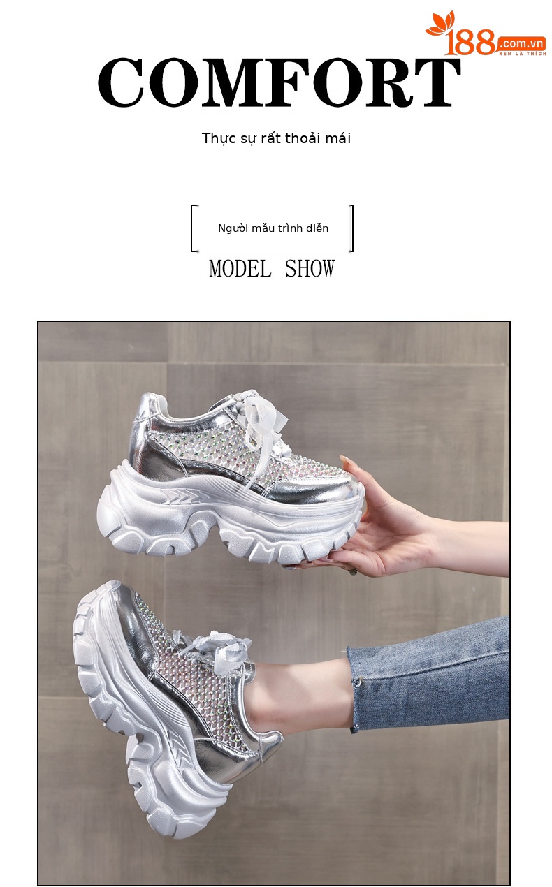 Giày sneaker chunky nữ đế dày lưới thoáng khí tăng chiều cao đính đá — Màu đen chi tiết 10