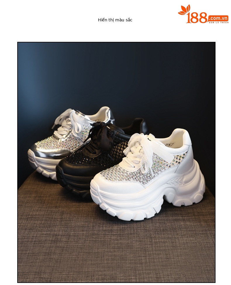 Giày sneaker chunky nữ đế dày lưới thoáng khí tăng chiều cao đính đá — Màu đen chi tiết 17