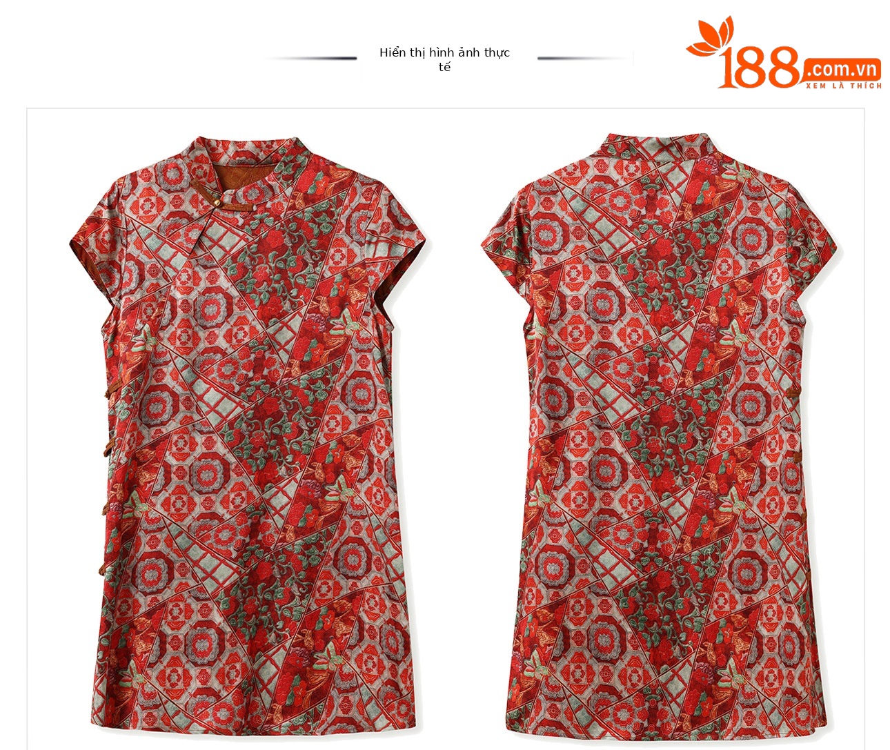 Đầm suông midi phong cách Trung Hoa mới, chất liệu rayon, họa tiết in thêu cao cấp — Màu đỏ san hô, Màu caramel chi tiết 4