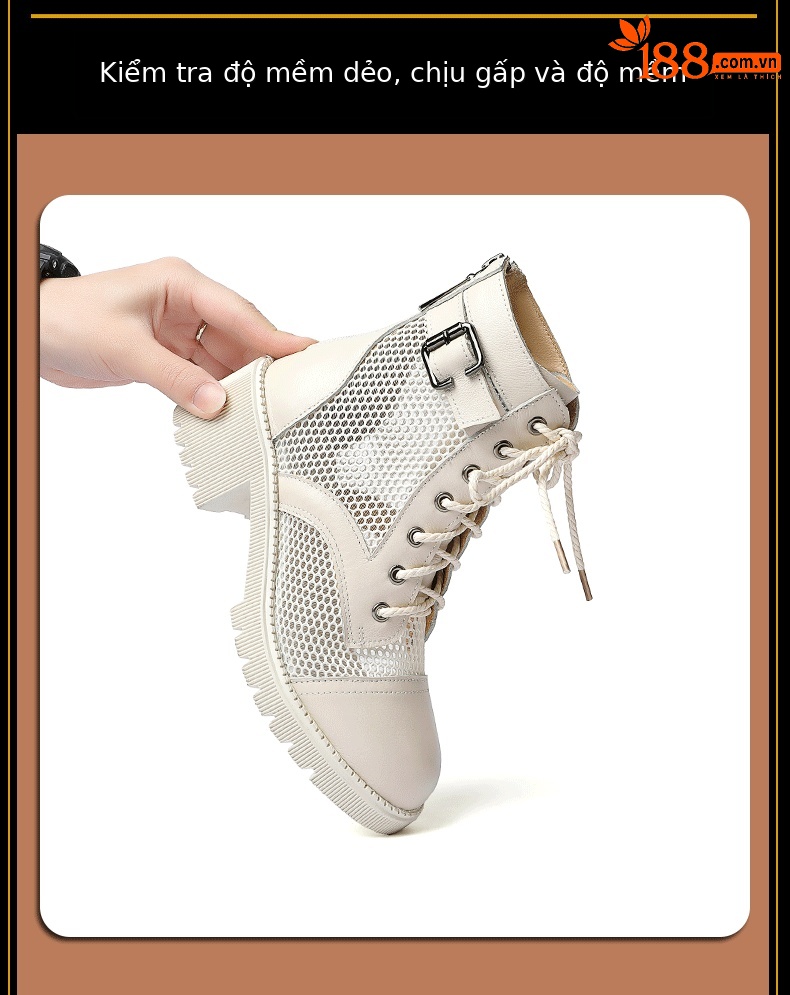 Boot Martin nữ lưới thoáng khí cao gót đế dày mùa hè — Màu be chi tiết 4