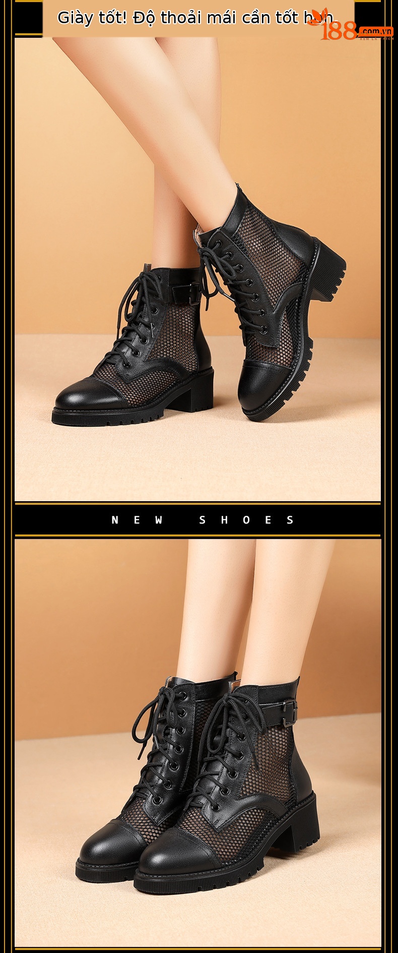 Boot Martin nữ lưới thoáng khí cao gót đế dày mùa hè — Màu be chi tiết 10