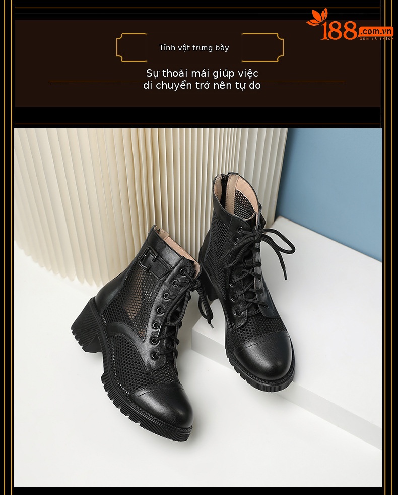 Boot Martin nữ lưới thoáng khí cao gót đế dày mùa hè — Màu be chi tiết 14