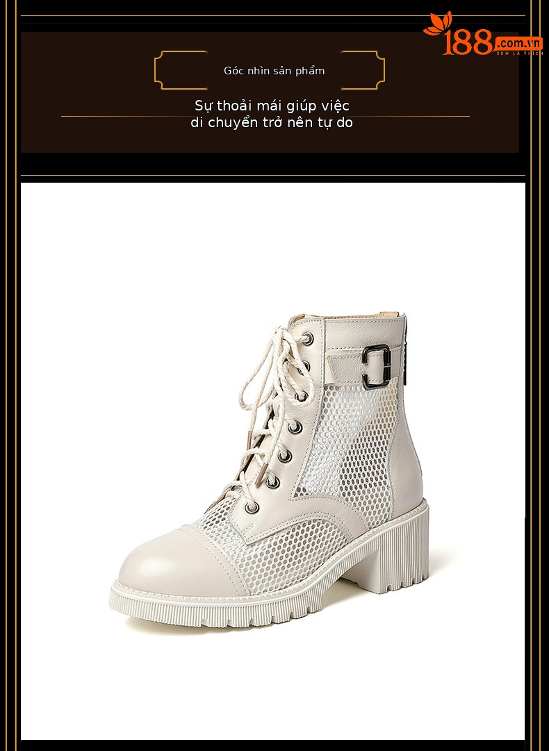 Boot Martin nữ lưới thoáng khí cao gót đế dày mùa hè — Màu be chi tiết 17