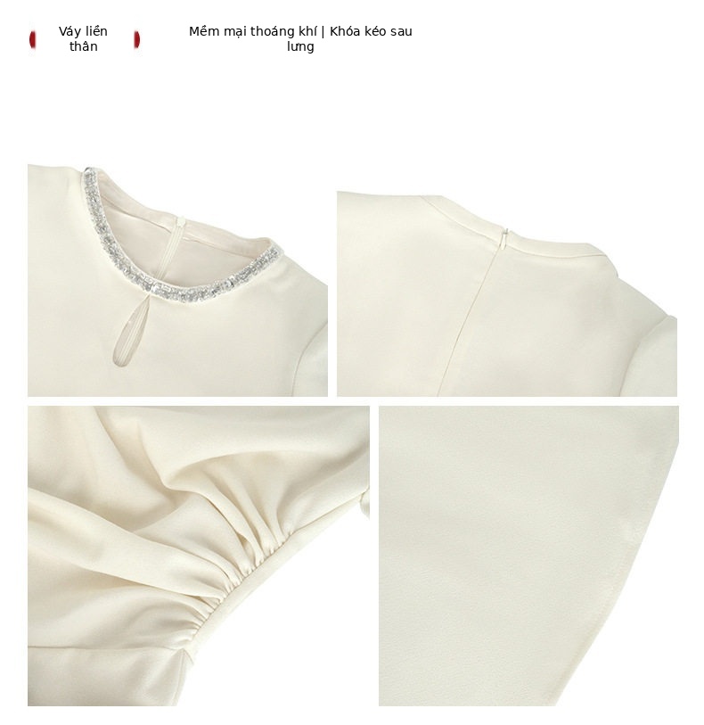 Đầm dự tiệc trắng tay ngắn cổ tròn chất liệu polyester phối visco, form ôm body, thiết kế nhăn tinh tế, phù hợp mùa hè 2025 — [Màu hồng đào] chi tiết 3