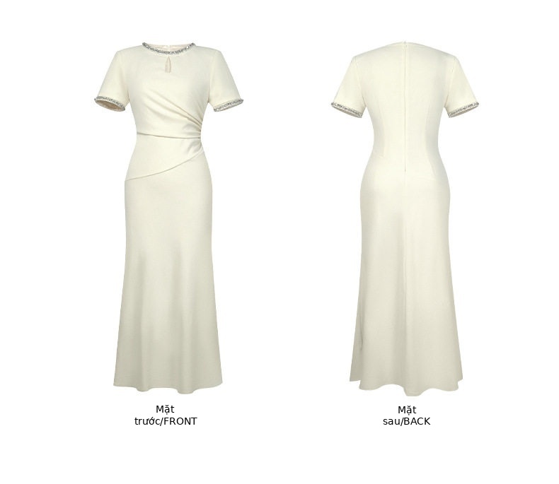 Đầm dự tiệc trắng tay ngắn cổ tròn chất liệu polyester phối visco, form ôm body, thiết kế nhăn tinh tế, phù hợp mùa hè 2025 — [Màu hồng đào] chi tiết 4