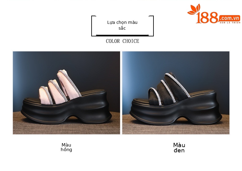 Dép sandal nữ xỏ ngón đế bệt đính đá thời trang HC9508-16 — Màu đen, Màu hồng chi tiết 2