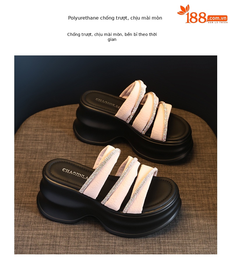 Dép sandal nữ xỏ ngón đế bệt đính đá thời trang HC9508-16 — Màu đen, Màu hồng chi tiết 10
