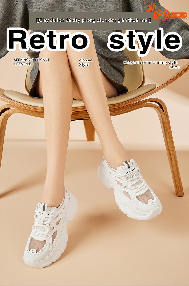 Giày sneaker nữ chunky đế dày lưới thoáng khí họa tiết rỗng mùa hè 2025 — SSD1112E4Q màu trắng nhạt, SSD1112E4Q màu hồng chi tiết 1