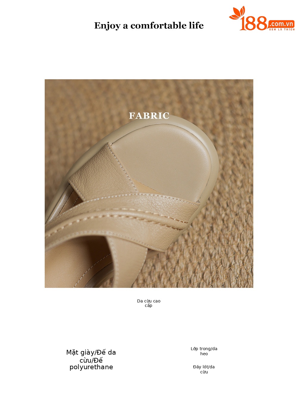 Sandal hở ngón gót thô da cừu quai ngang La Mã đế dày gót 6 cm — Màu trắng be chi tiết 4