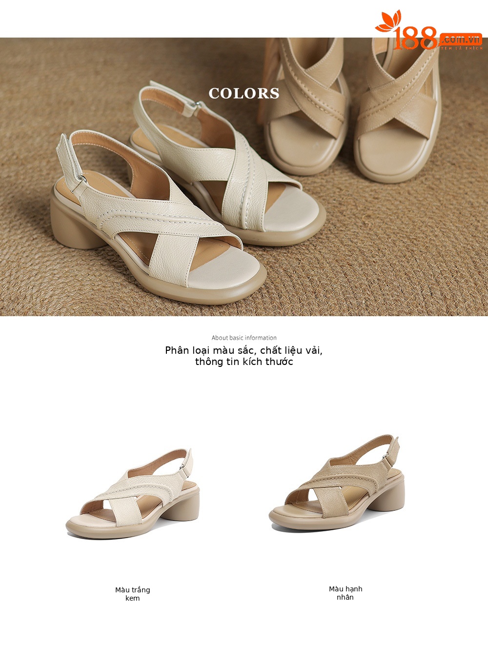 Sandal hở ngón gót thô da cừu quai ngang La Mã đế dày gót 6 cm — Màu trắng be chi tiết 6