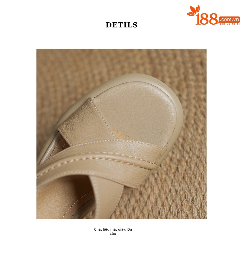 Sandal hở ngón gót thô da cừu quai ngang La Mã đế dày gót 6 cm — Màu trắng be chi tiết 18