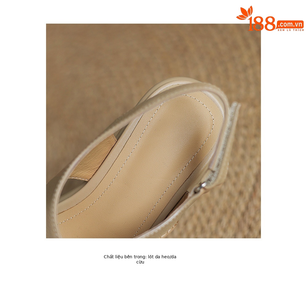 Sandal hở ngón gót thô da cừu quai ngang La Mã đế dày gót 6 cm — Màu trắng be chi tiết 19