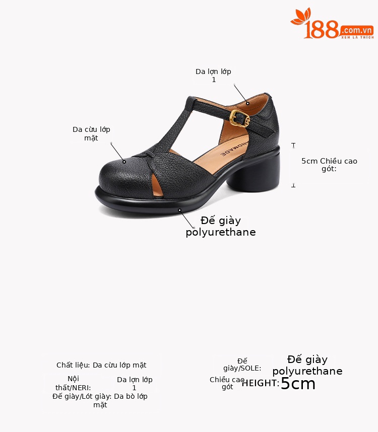 Sandal nữ bao đầu gót vuông đế dày 5cm phong cách ngoại thương — Màu đen chi tiết 2