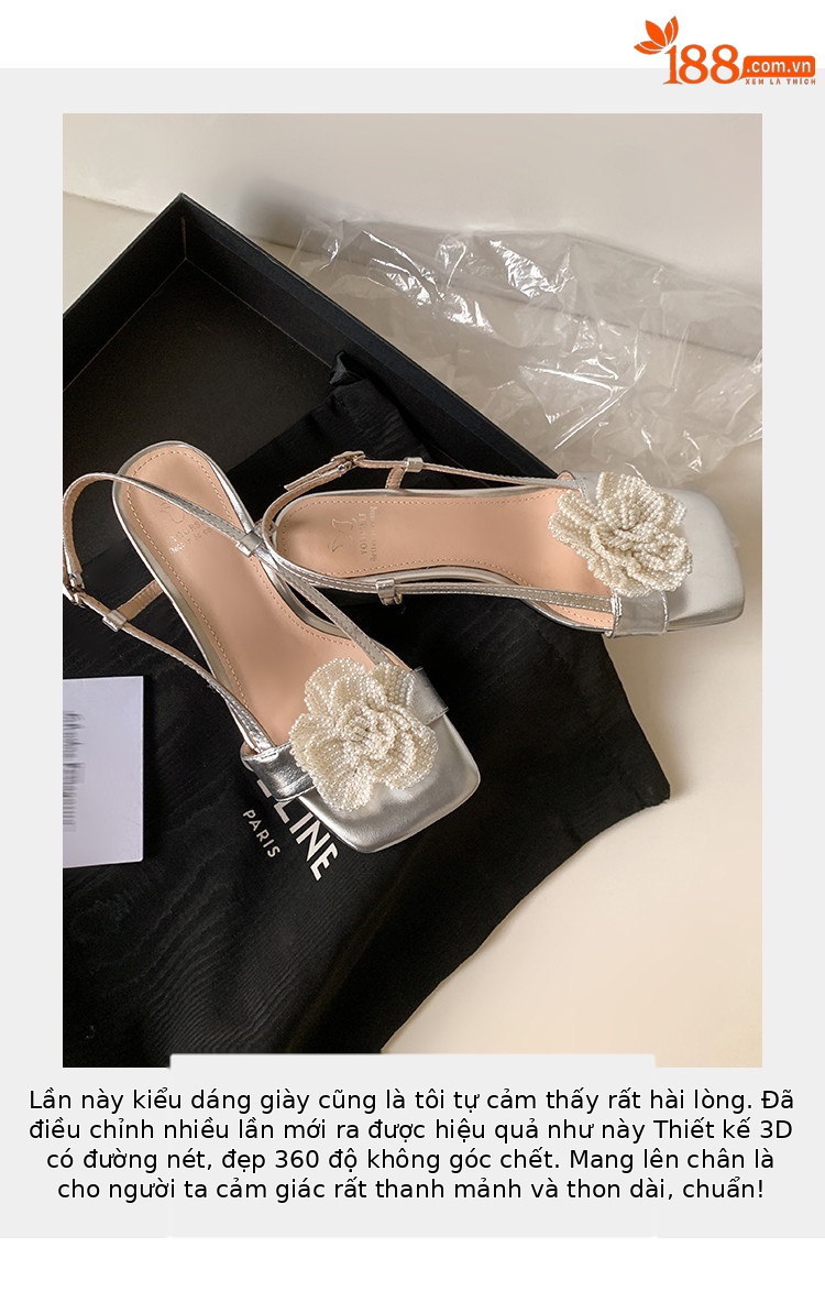 Sandal nữ da thật mũi vuông gót vuông đính ngọc trai hoa trà — vàng, bạc chi tiết 2