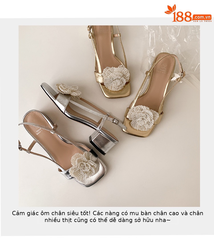 Sandal nữ da thật mũi vuông gót vuông đính ngọc trai hoa trà — vàng, bạc chi tiết 3