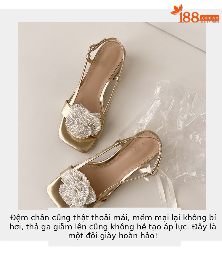Sandal nữ da thật mũi vuông gót vuông đính ngọc trai hoa trà — vàng, bạc chi tiết 4