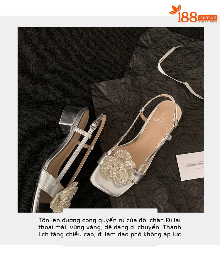 Sandal nữ da thật mũi vuông gót vuông đính ngọc trai hoa trà — vàng, bạc chi tiết 5
