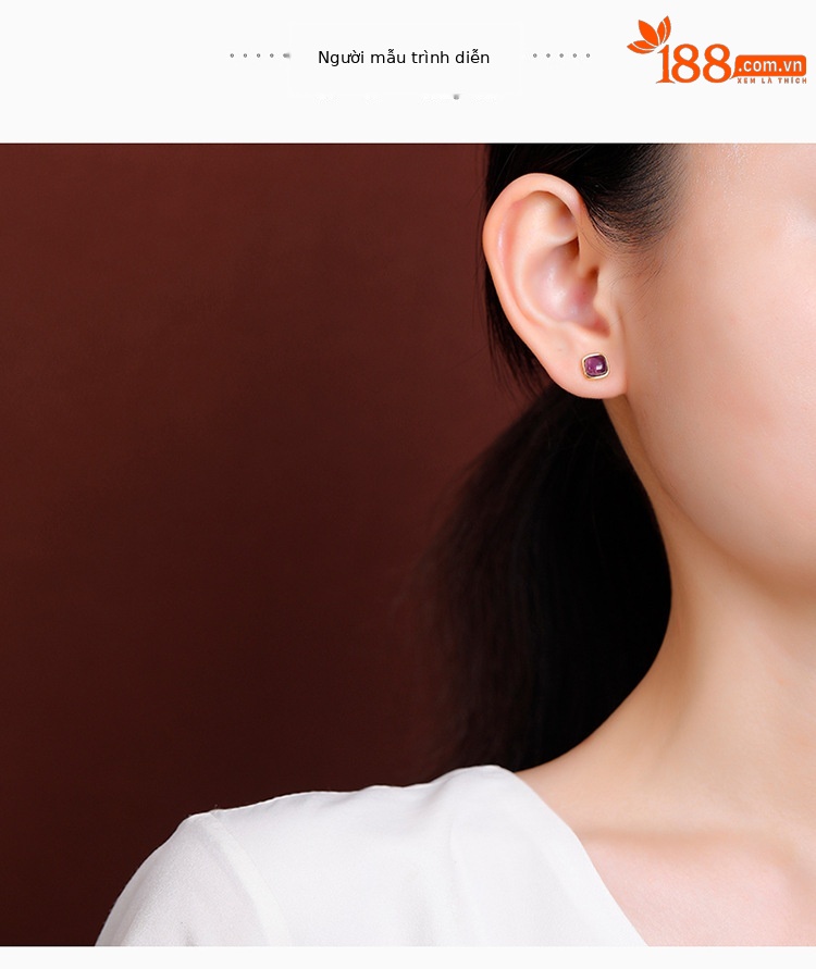 Bông tai bạc S925 đính đá thạch anh tím tự nhiên mặt vuông hình học phong cách Âu Mỹ — Một cặp chi tiết 3