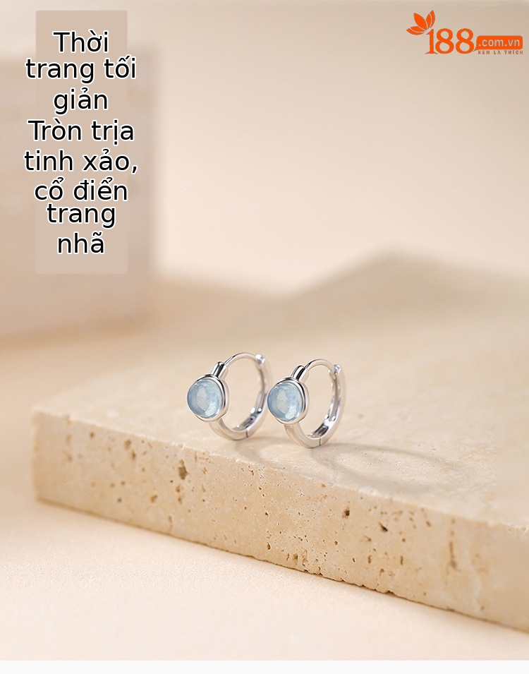 Bông tai bạc S925 hình tròn đính đá sapphire biển phong cách hình học — Một cặp chi tiết 1